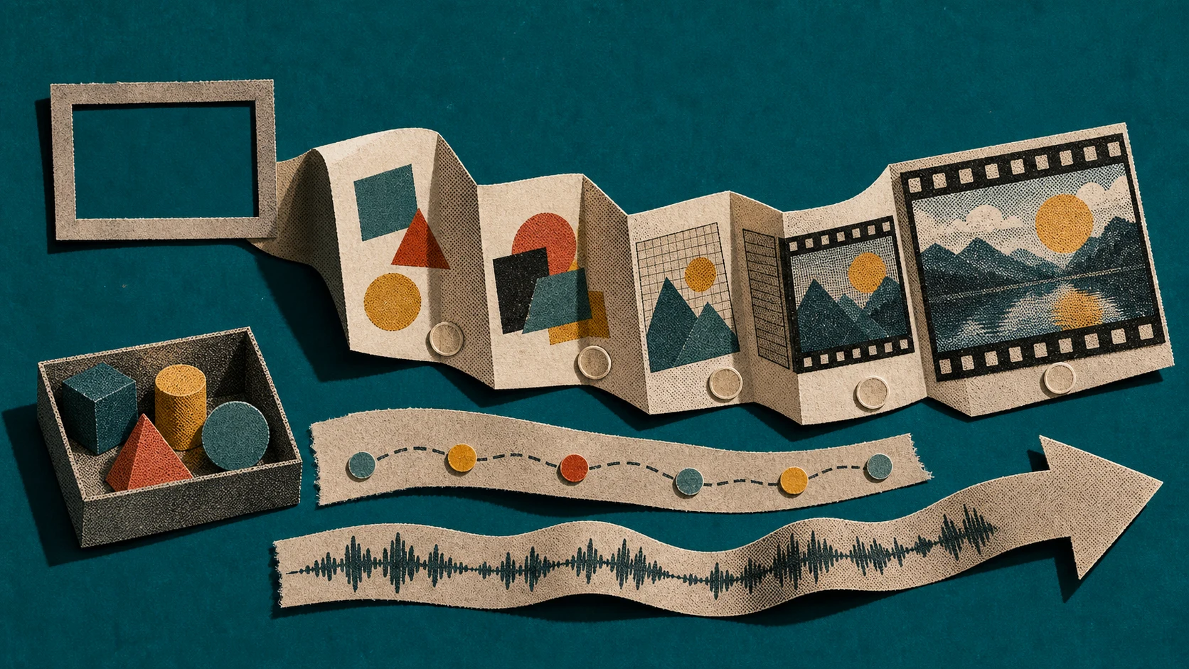 Paper workflow moving from a format frame through assets and motion to sound and export.