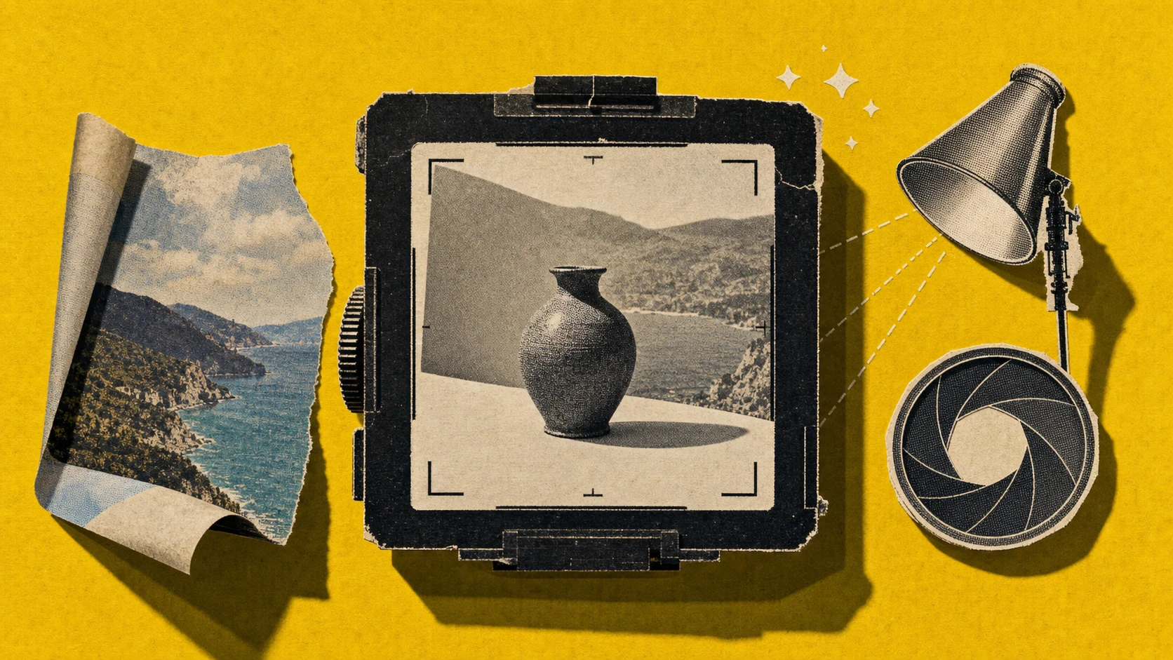 A vintage camera viewfinder assembling an environment backdrop, one product subject, and lighting-and-lens controls into a composed scene