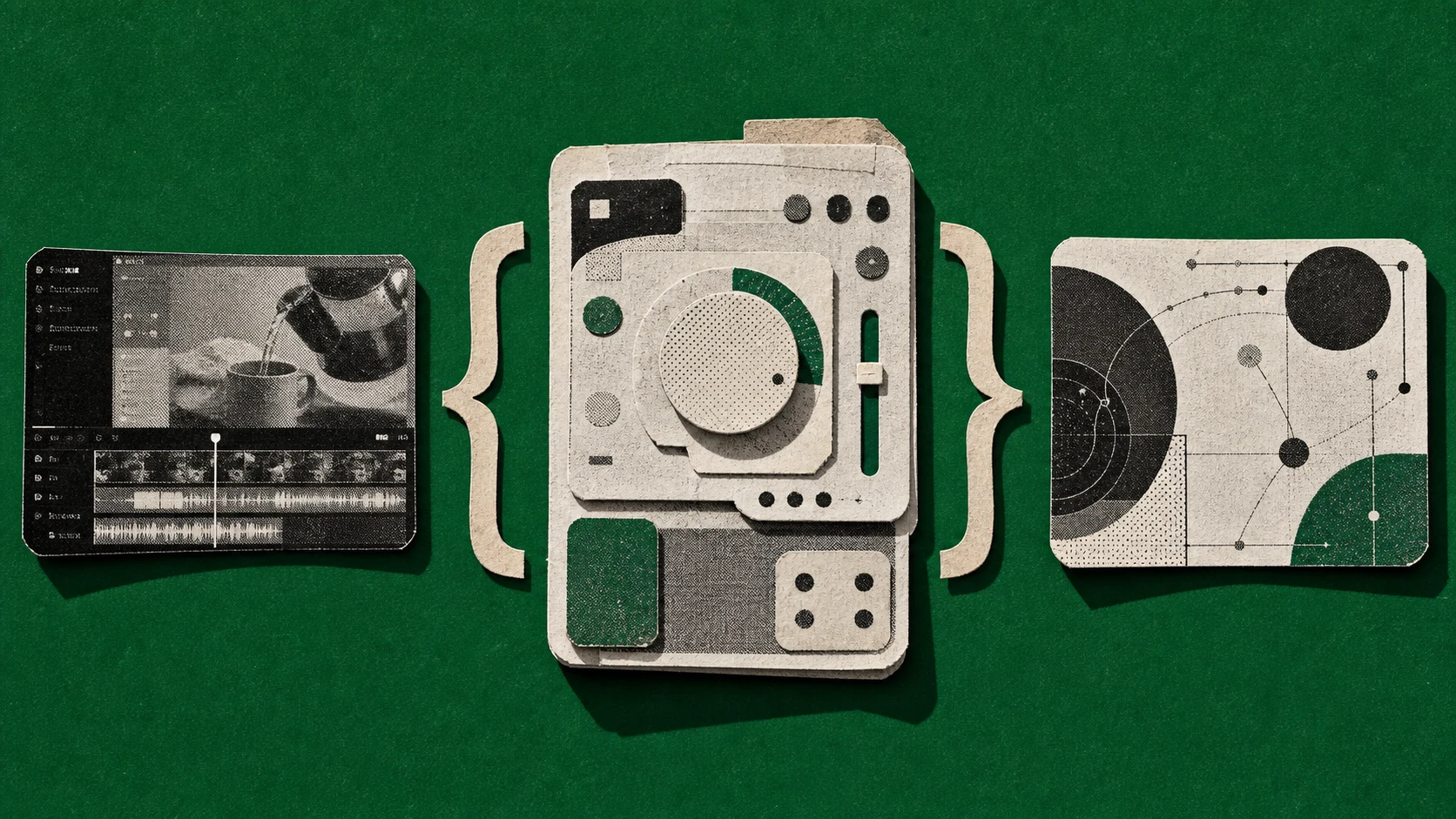 A central product core branching to a concrete screen-record card and an abstract motion-graphics card linked by a pairing bracket.